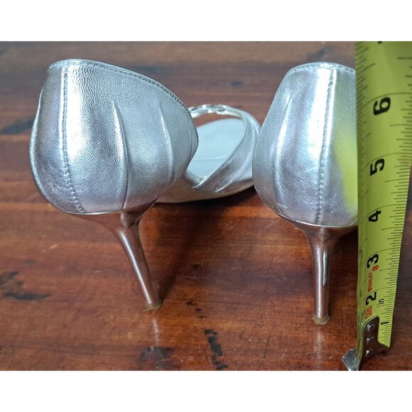 ALDO D'Orsay Heels Silver Metallic Leather Sandals Shoes Rhinestone Size 39 8 - Picture 4 of 9